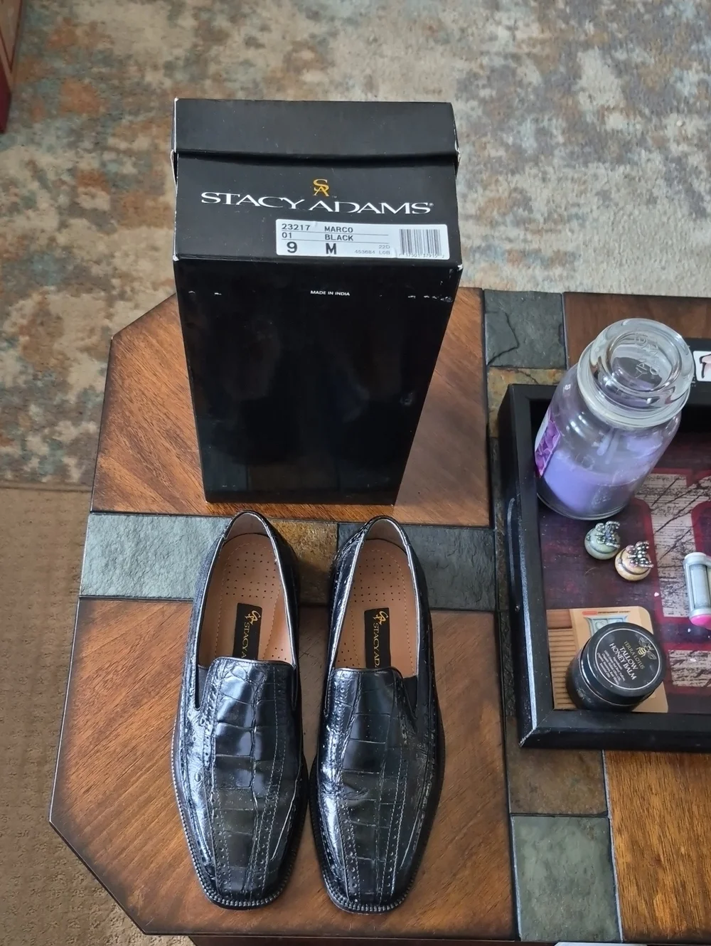 Mens Stacy Adams Black Croc-Embossed Leather Slip-On Loafers Size 9